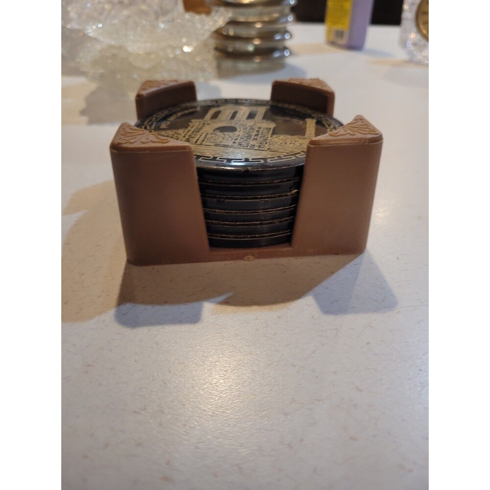 Vintage Set 6 Greek Coasters Black & Gold Souvenir Greece Architecture RARE